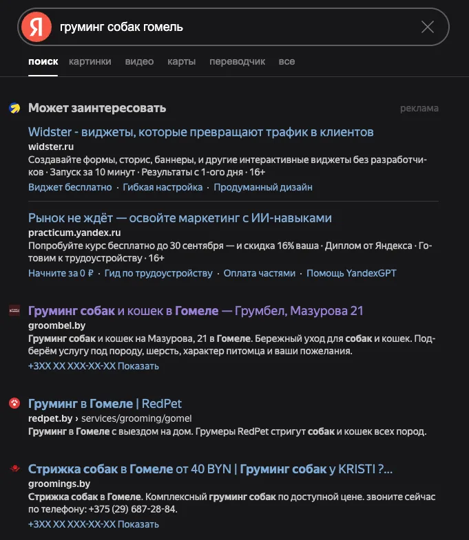 Пример выдачи Яндекса по запросу о груминге