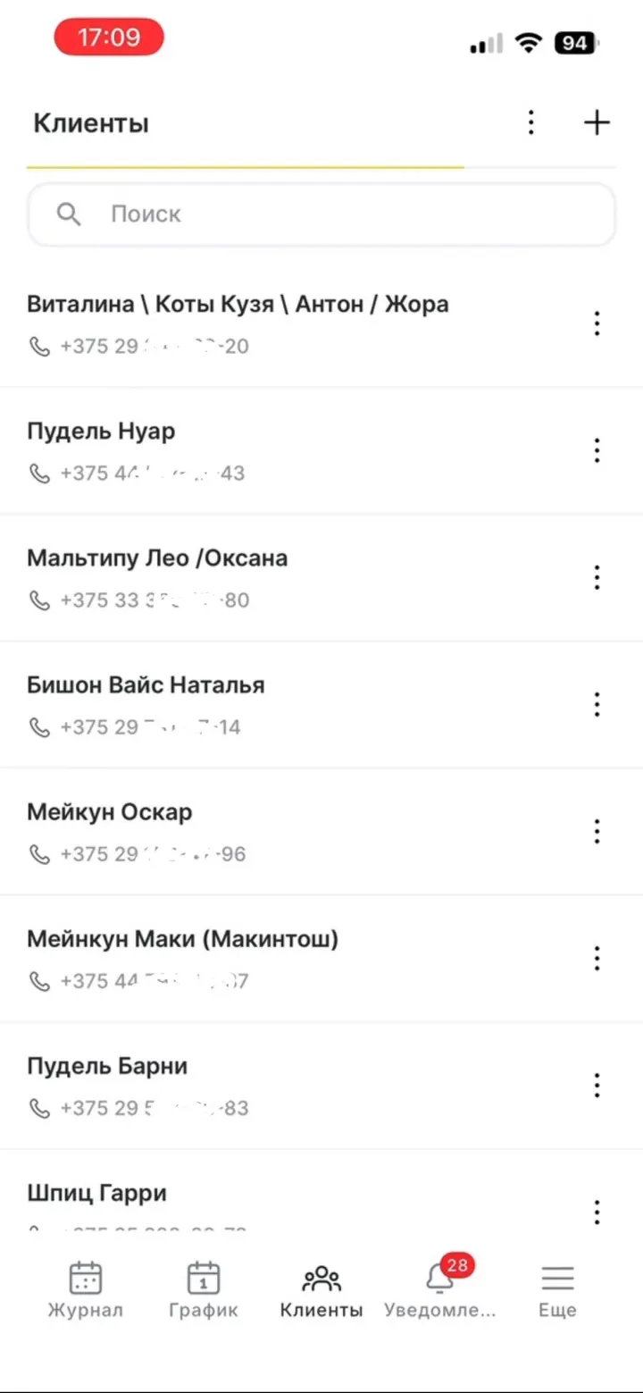 Список клиентов в рабочем кабинете груминг-салона
