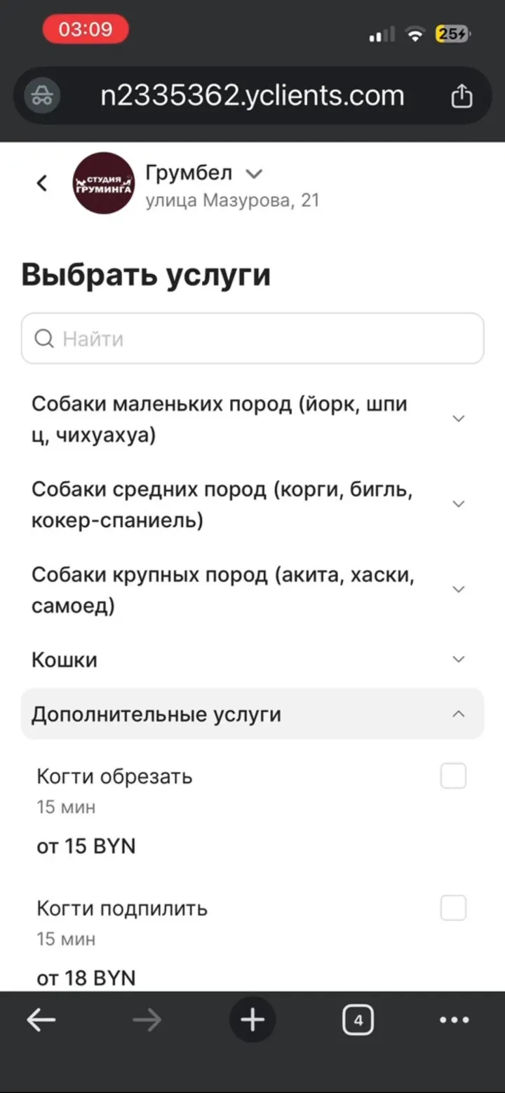 Экран выбора услуг и цен в онлайн-записи