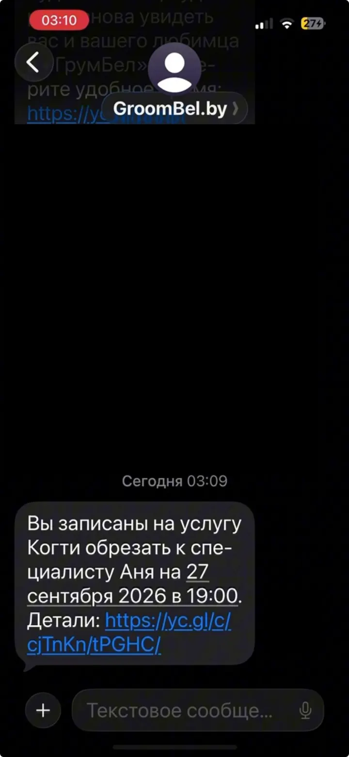 SMS-подтверждение записи на услугу груминга